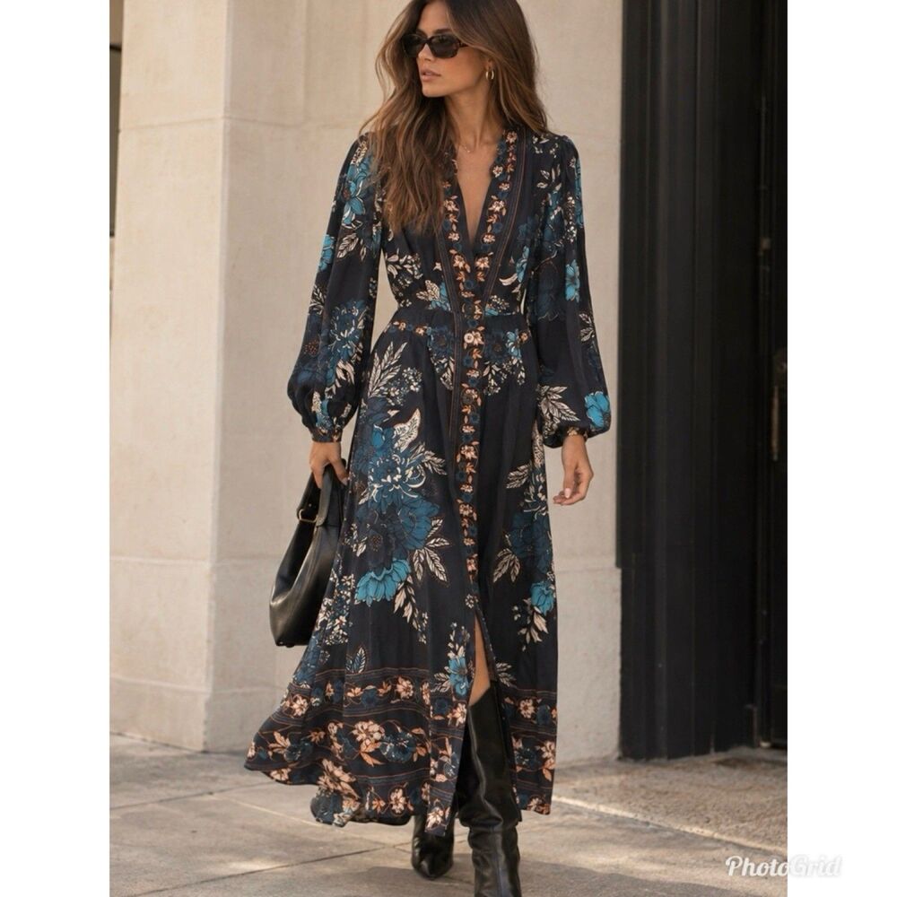 NWT Caroline Constas Blossom Tapestry Floral Midi Dress sz S Navy Boho Romantic